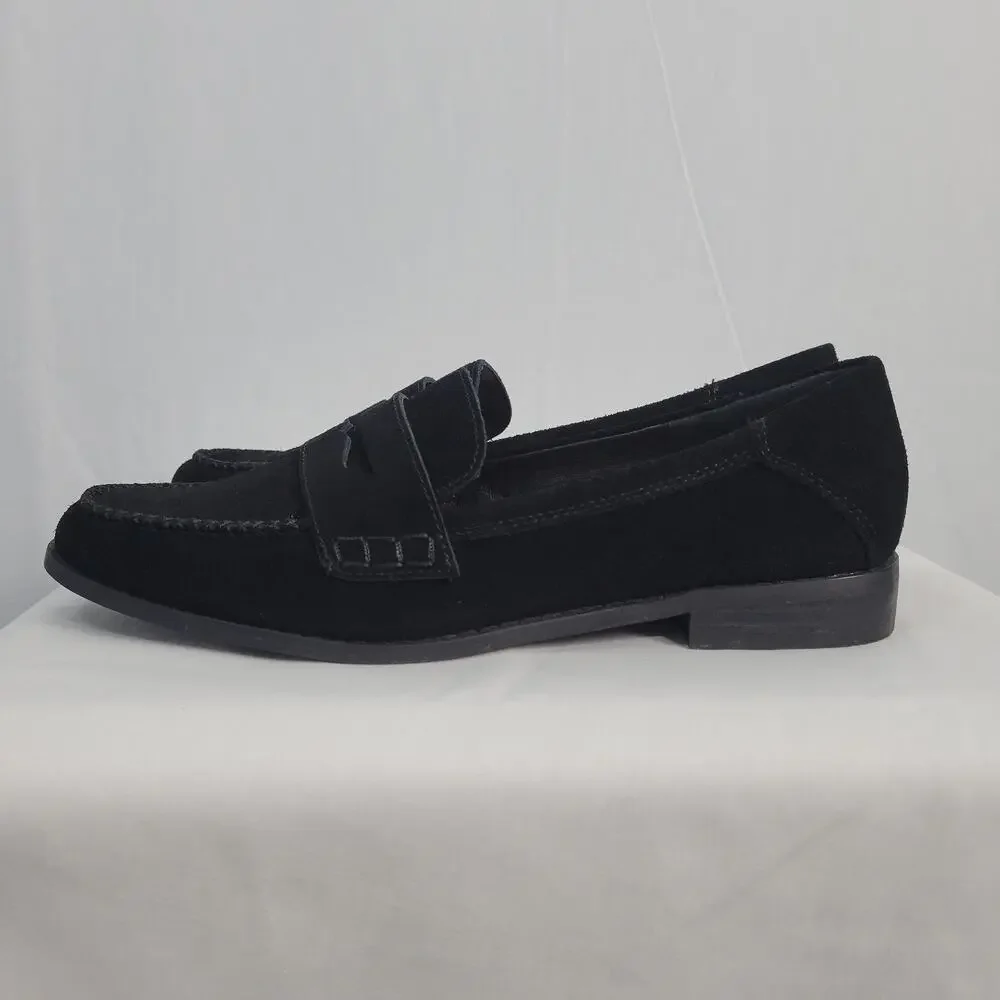 Lucky Brand Eryka Suede Penny Loafers sz 9.5M Black Preppy Poet Old Money